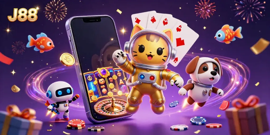 Engaging J88 online casino scene showcasing a space astronaut cat and robot dog surrounded by slot game elements.