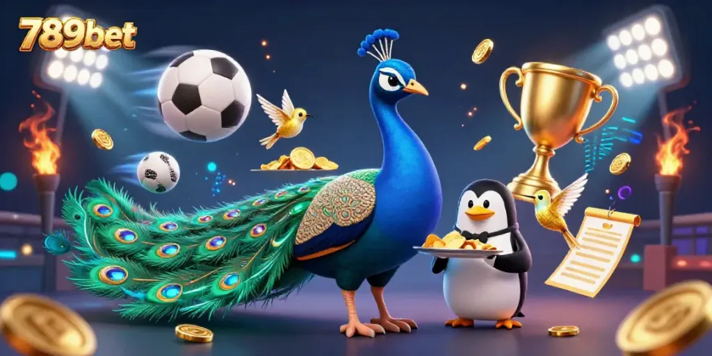 Experience 789bet gameplay with a vibrant peacock, butler, and hummingbird surrounded by sports elements.