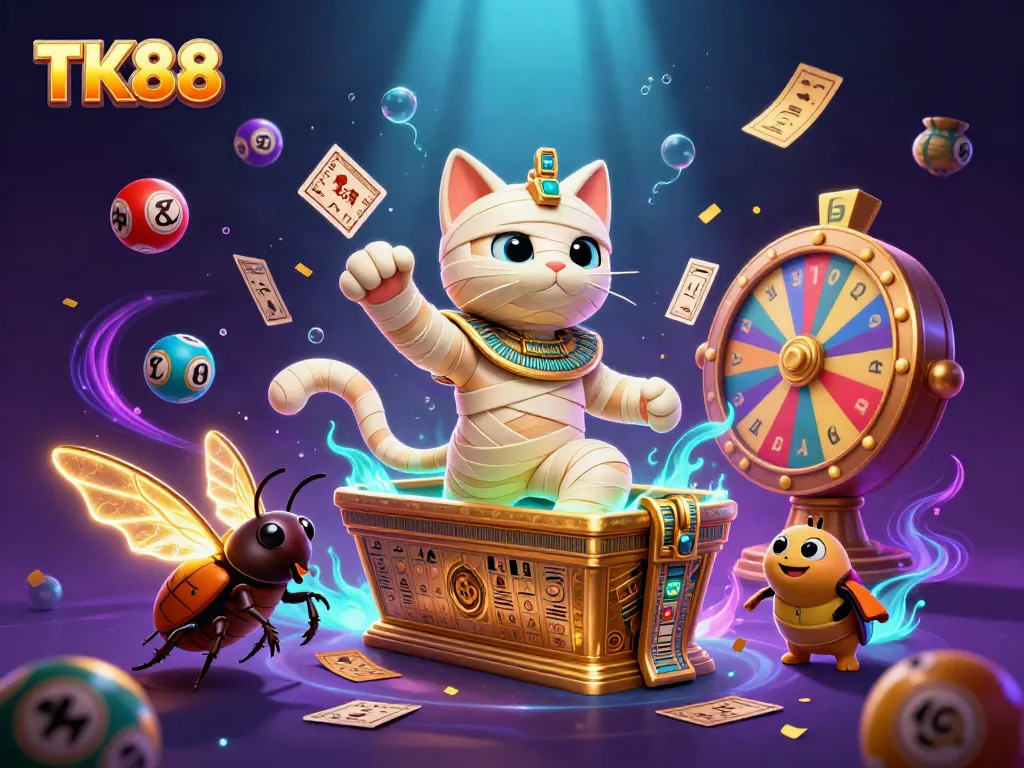 Engage with TK88's vibrant casino scene featuring a mummy cat and mystical elements.