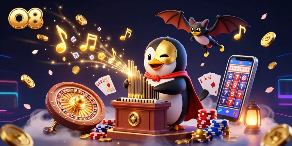 Experience the excitement at O8 casino with a dynamic scene of gaming, including a penguin playing an organ shooting coins.