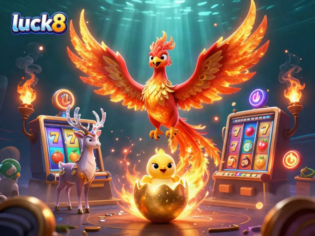 Experience the thrill of luck8 with a phoenix and stag in a vibrant casino world filled with slot machines and bright colors.