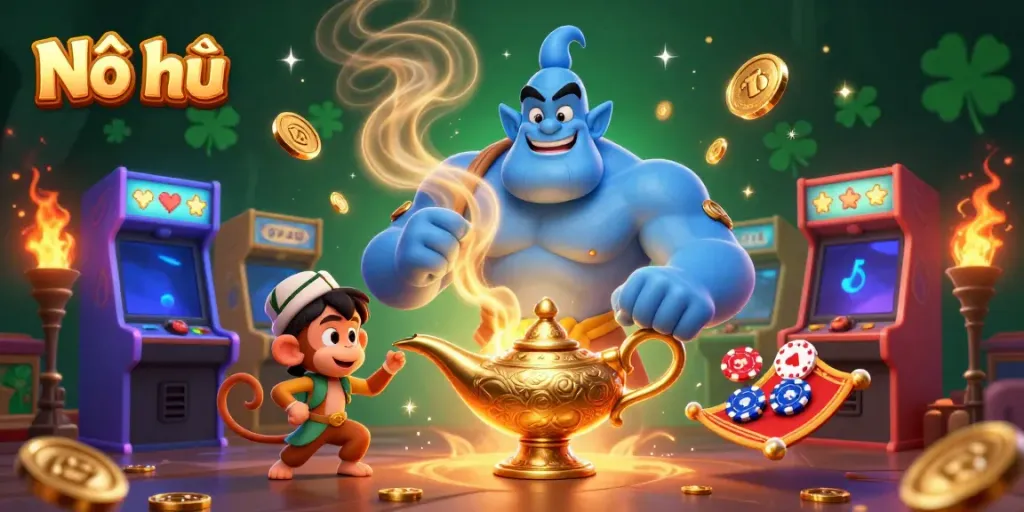 Nổ hũ game illustration showcasing a genie, monkey, and poker chips in a vibrant casino setting.
