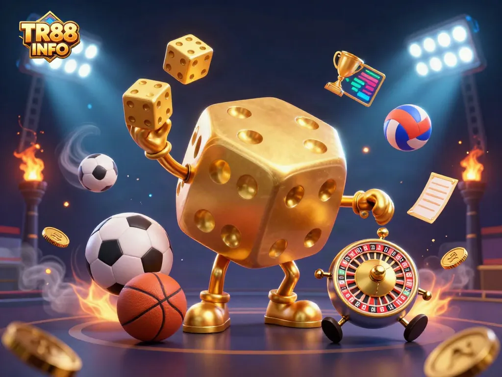 Experience TR88 INFO in a vibrant casino scene with a golden dice golem, sports elements, and dynamic energy.