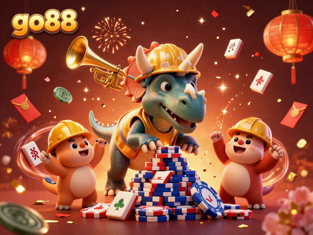 Experience the excitement at go88 with a triceratops building a poker chip pyramid amidst celebrations.