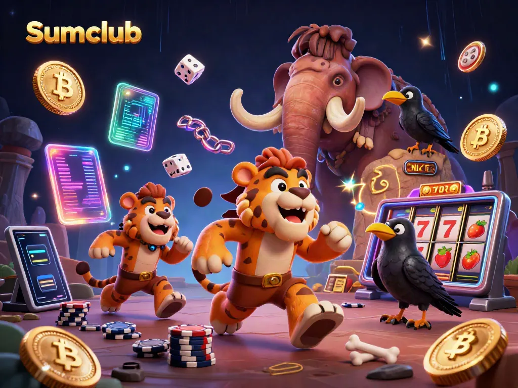 Engage in electrifying gameplay at Sumclub, a vibrant prehistoric casino with animated characters.