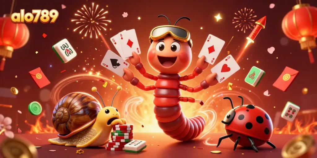 Alo789 casino showcases a colorful 3D illustration with an animated millipede dealer and festive game elements.