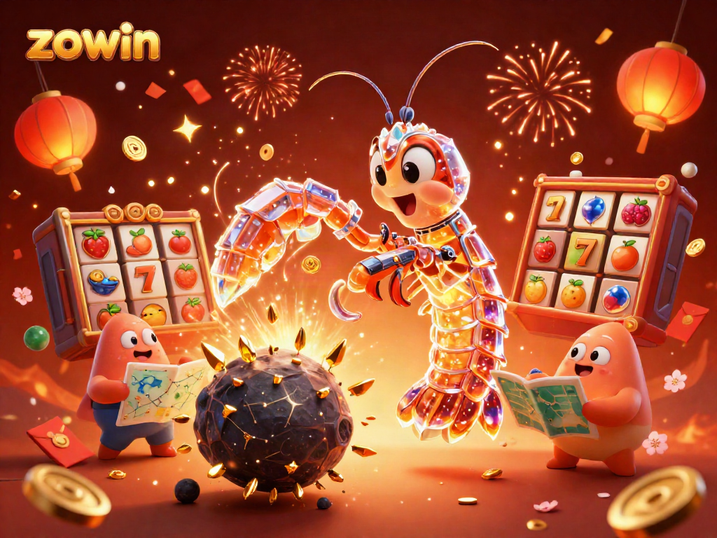 Zowin players enjoy thrilling jackpots in an ultra-detailed 3D casino scene filled with vibrant elements.