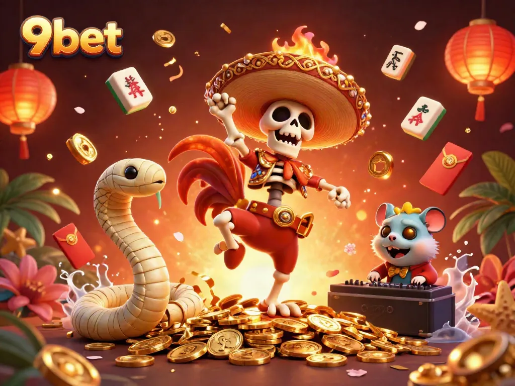 Experience thrilling action at 9bet with vibrant characters celebrating wins and showcasing gaming elements.