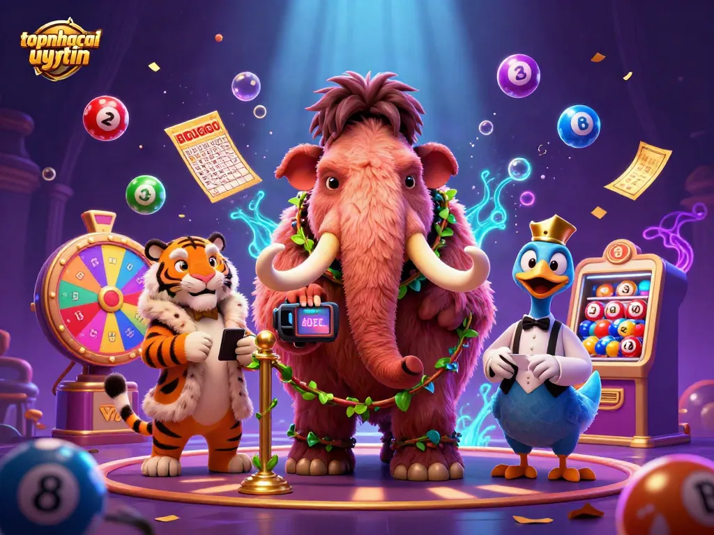 Engage in thrilling games at topnhacaiuytin, featuring vibrant lottery elements and captivating casino characters.