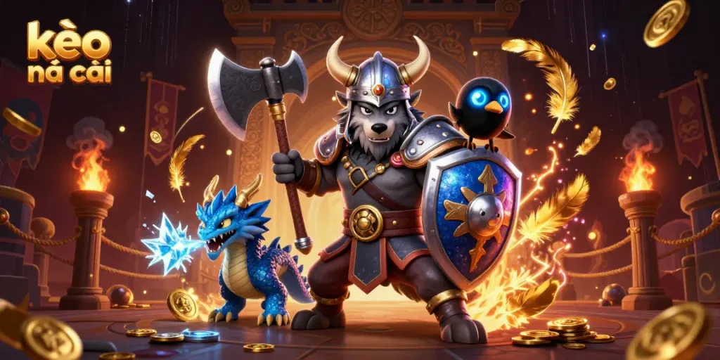 Engage in thrilling sports betting with kèo nhà cái, vibrant Viking warrior and dragon illustration showcasing excitement.