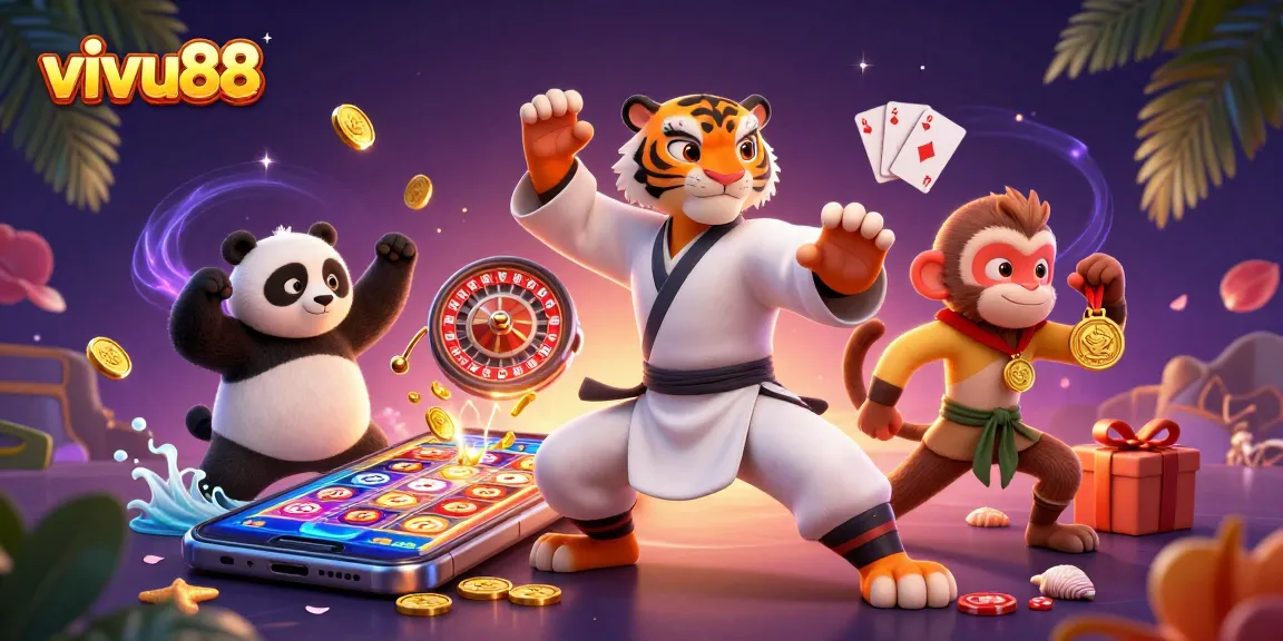 Experience the excitement of vivu88 with an engaging scene of characters amidst vibrant casino games and rewards.