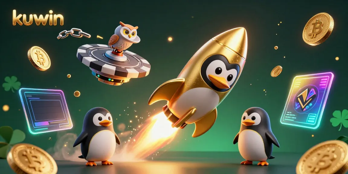 Kuwin penguin triumphantly launches into casino space, surrounded by coins and crypto elements in an engaging 3D scene.