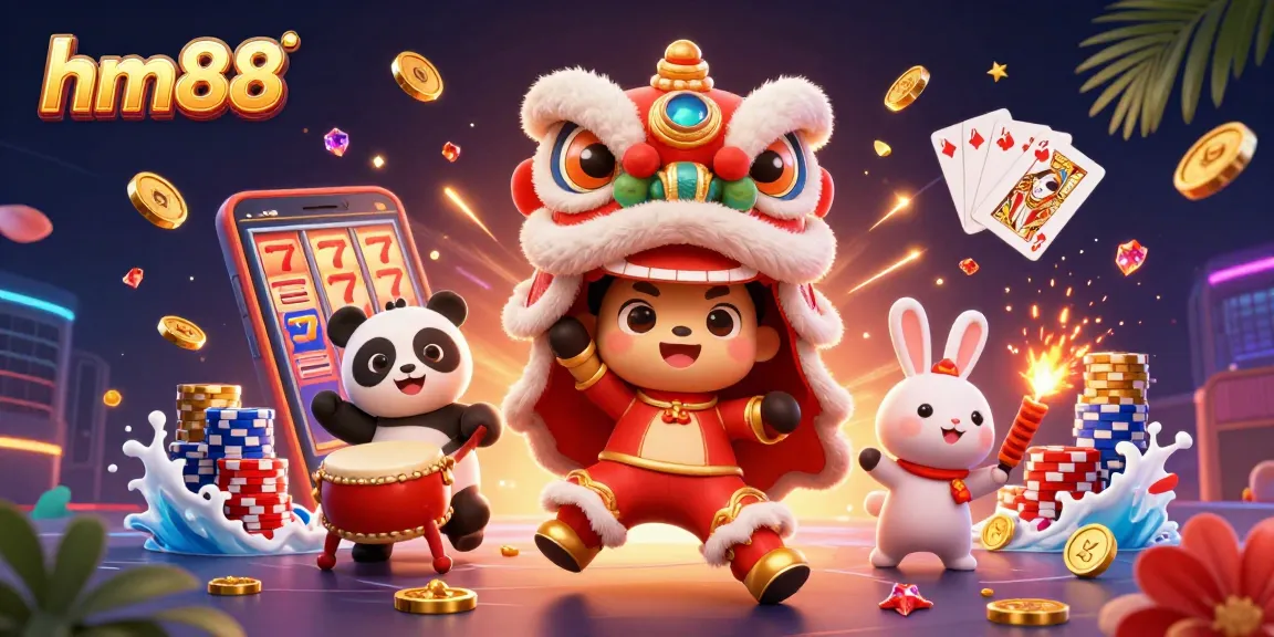 Engage with hm88's vibrant casino scene featuring lion dance, coins, and slot games.