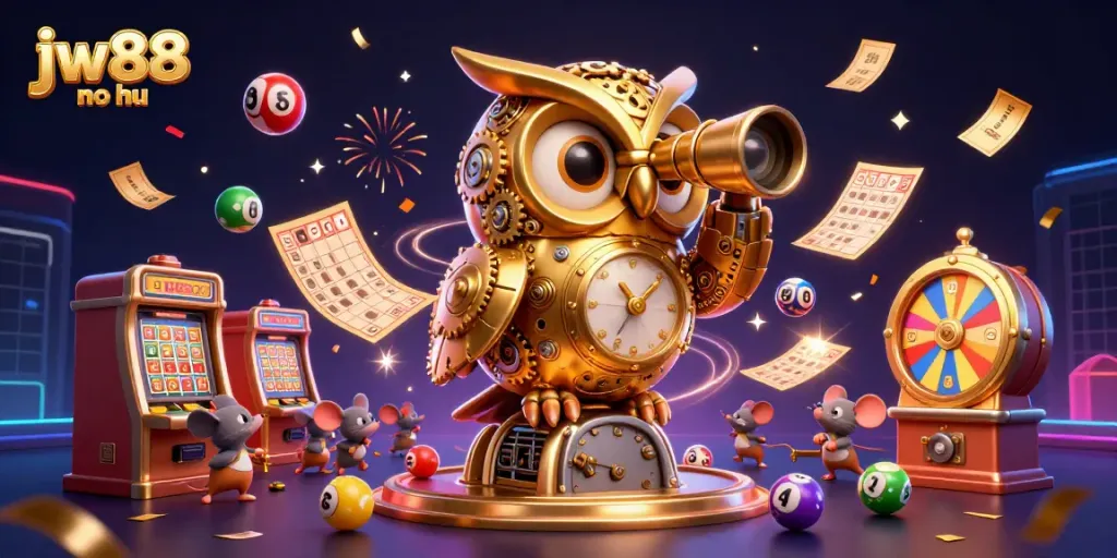 Experience the excitement of jw88 no hu with a dynamic casino scene featuring a golden owl and colorful game elements.