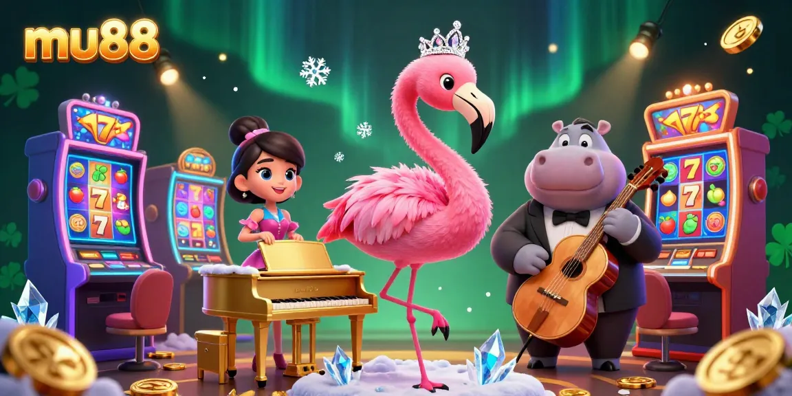 Experience mu88's vibrant casino atmosphere with a flamingo singer and hippo bassist amidst slot machines.