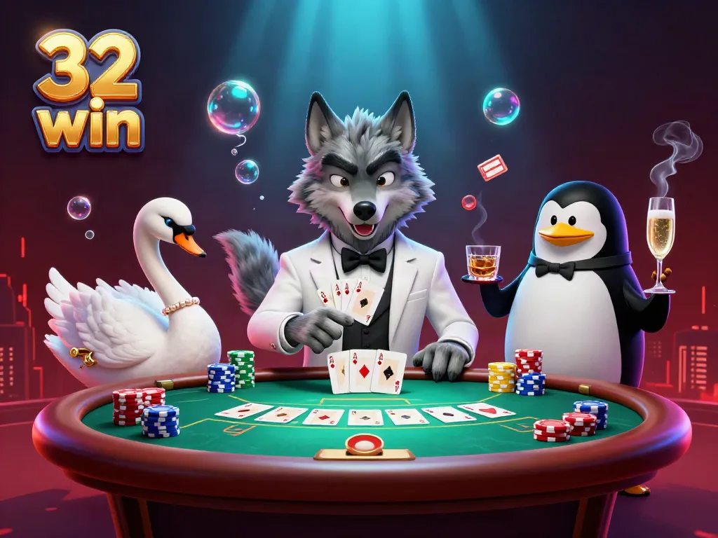 Experience excitement with 32 win as a debonair wolf, elegant swan, and penguin sommelier at a lavish baccarat table.