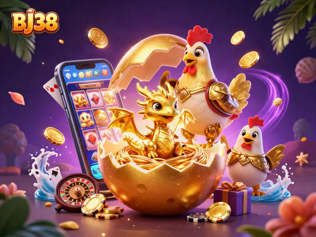 BJ38 reveals excitement in a vibrant casino scene with a golden egg dragon and dynamic gaming elements