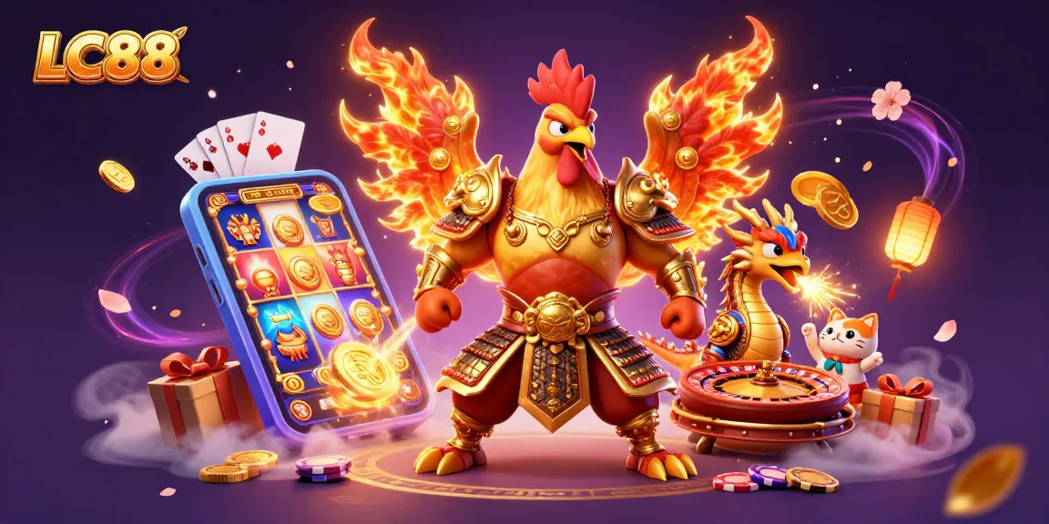 LC88 offers an electrifying gaming experience with a rooster warrior and dragon amidst golden coins and vibrant slot games.