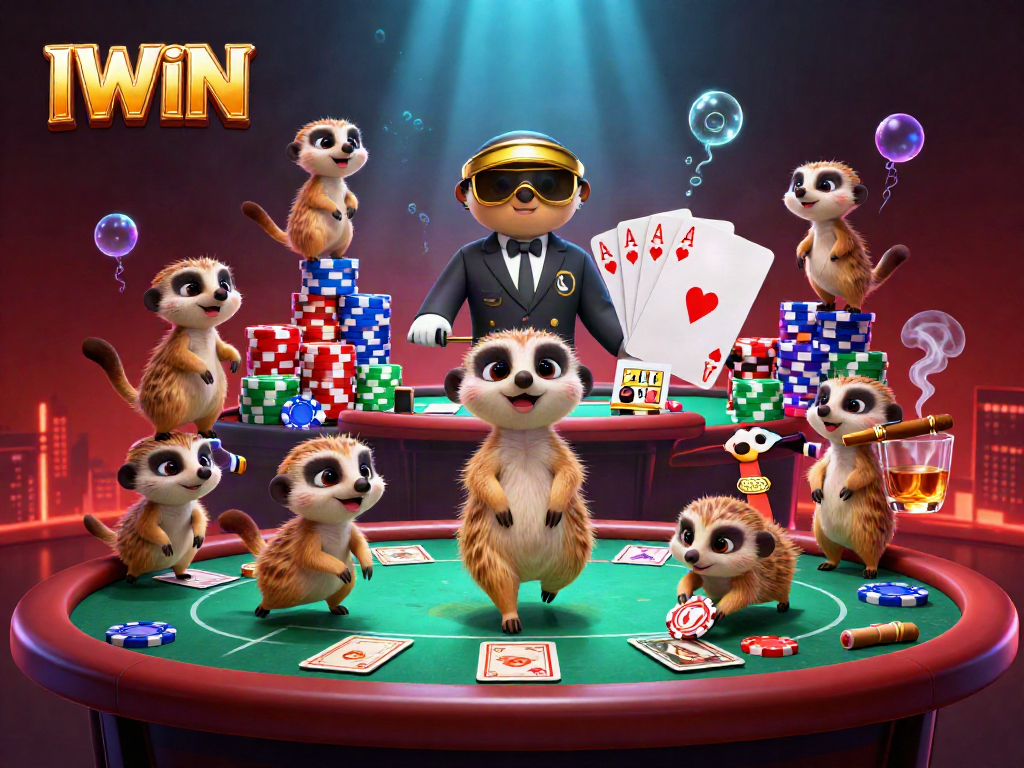 IWIN meerkats running a vibrant casino with poker chips, glowing lights, and a lively atmosphere.