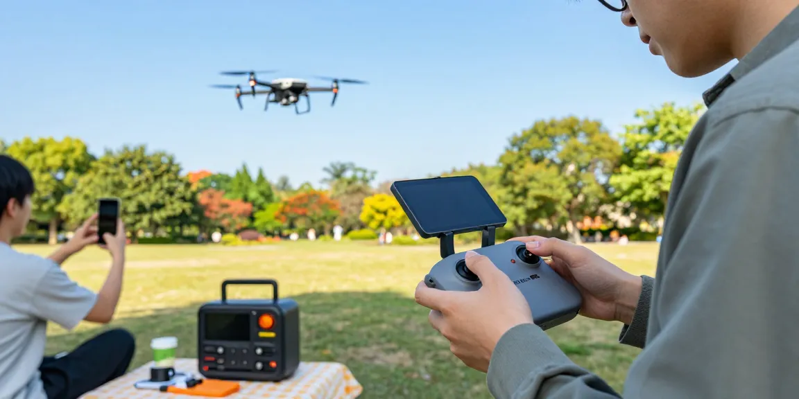 F168 drone flying in park with operator and friends capturing footage.