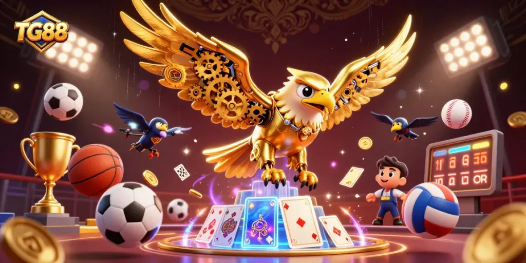 Experience thrilling wins with TG88, featuring a golden eagle surrounded by dynamic sports elements.