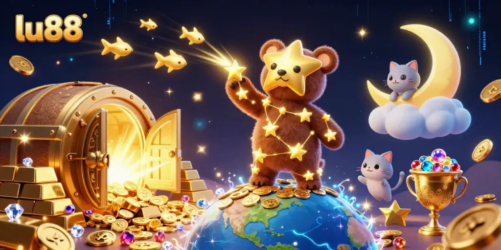 Experience the excitement at lu88 with a vibrant scene of winning coins and treasures.