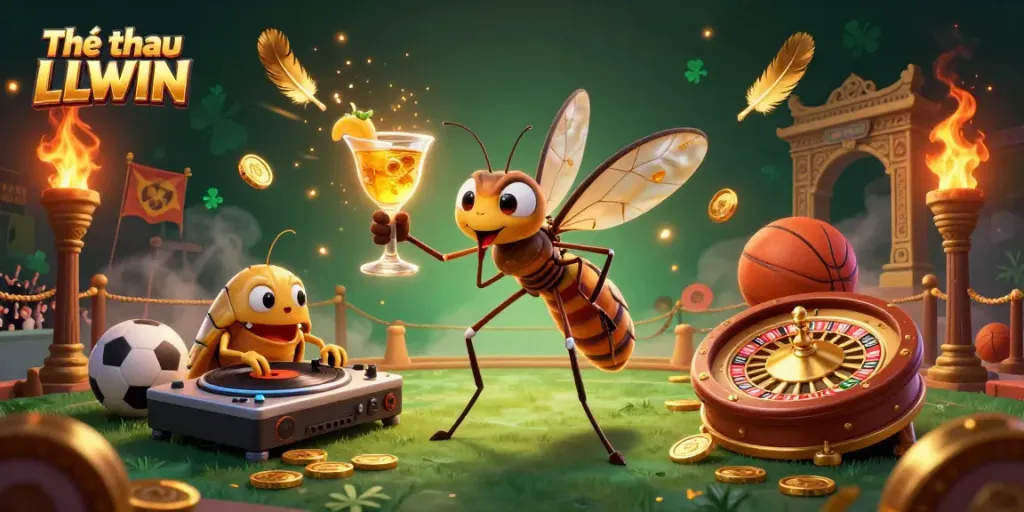 Engage in Thể thao LLWIN with a vibrant 3D casino mascot and dynamic sports elements.