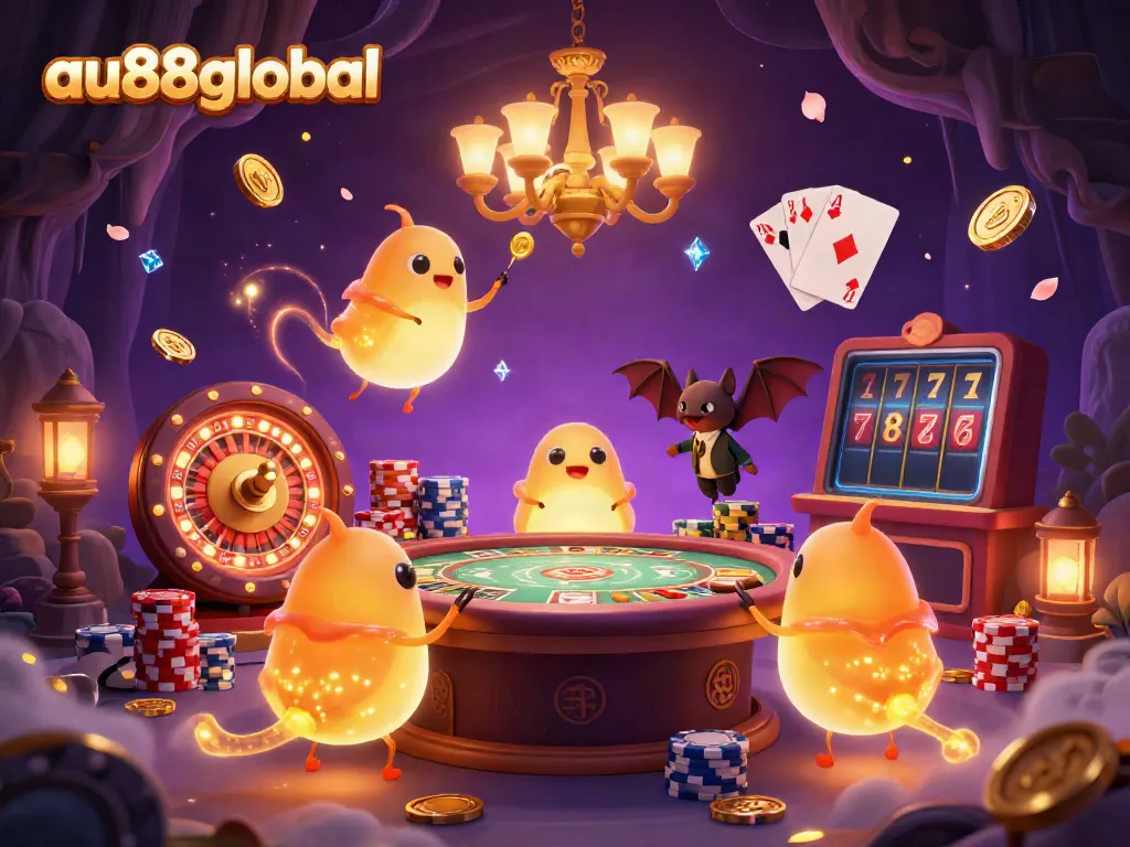 Experience dynamic gameplay at au88global in a colorful 3D casino realm featuring a glowing glowworm team and a bat dealer.