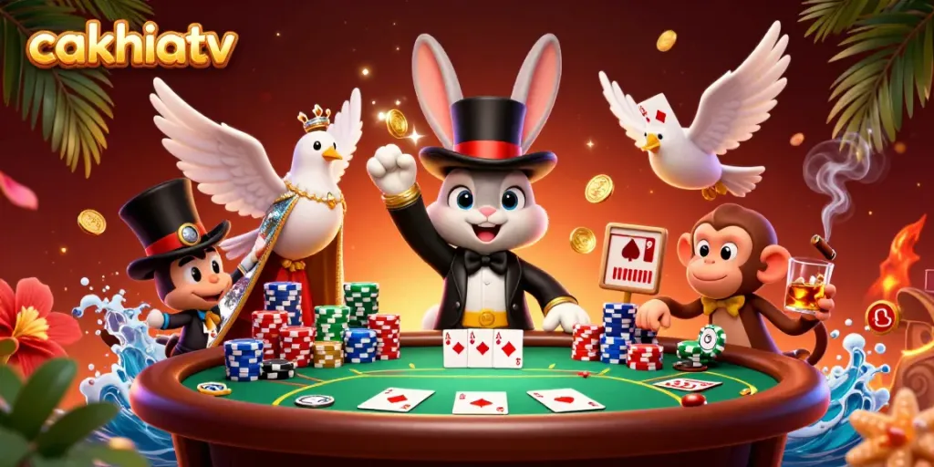 Experience the excitement of cakhiatv with a magical scene of a rabbit, dove, and monkey celebrating casino wins.