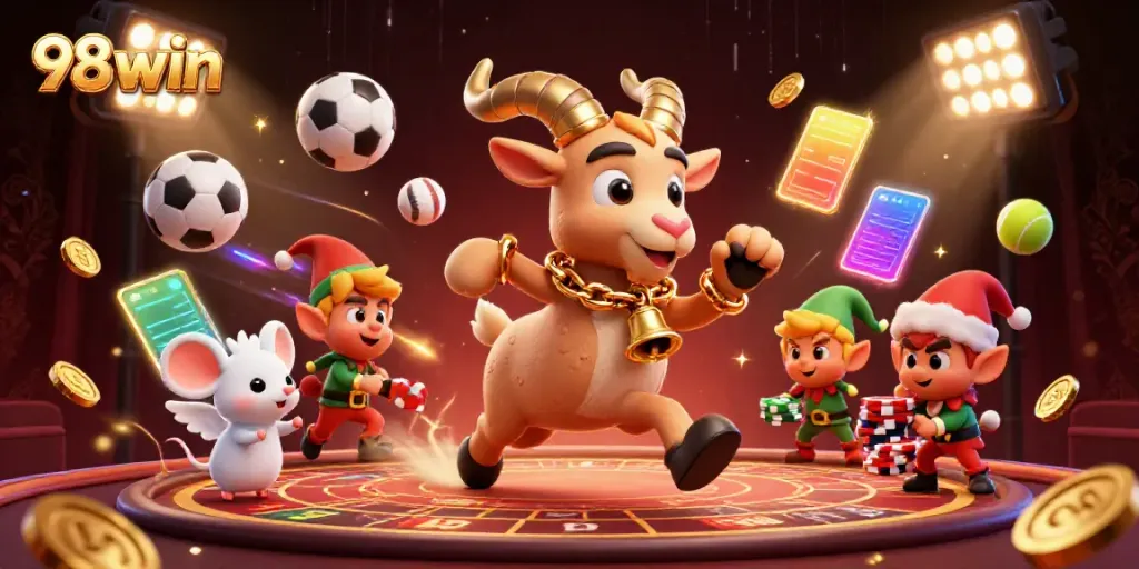 Play exciting games at 98win casino with a dynamic festive scene featuring a Krampus goat and playful characters.