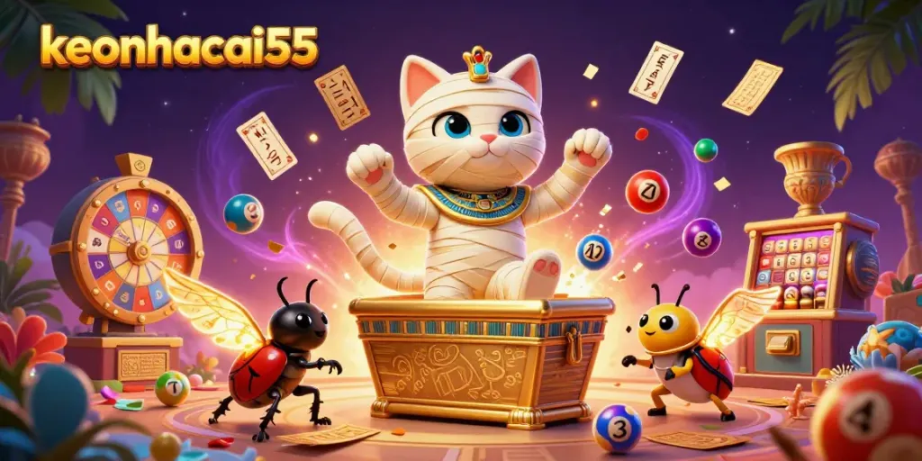 Watch the vibrant keonhacai55 scene with a mummy cat and dynamic games elements like lottery balls.