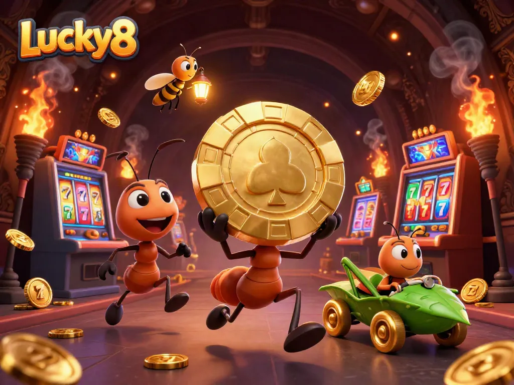 Lucky8 ant heist scene with golden poker chip, slot machines, and coin explosion for dynamic play.