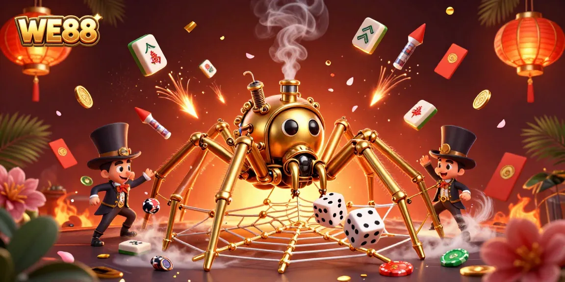 Engage with WE88's thrilling gaming world featuring a golden spider and Victorian fly in a rich casino atmosphere.