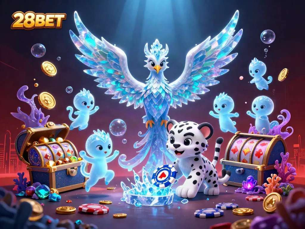Bet big with 28BET featuring lively phoenix and playful cub amidst dazzling casino elements.