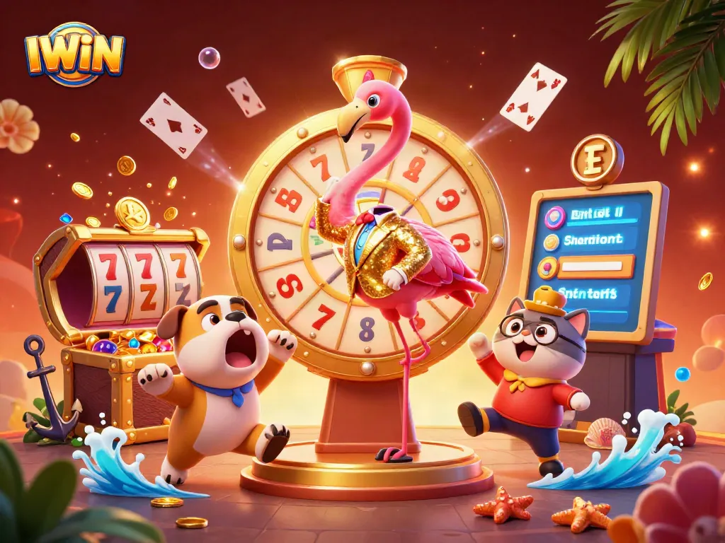 IWIN celebrates wins with a vibrant 3D scene featuring a golden prize wheel and exciting characters