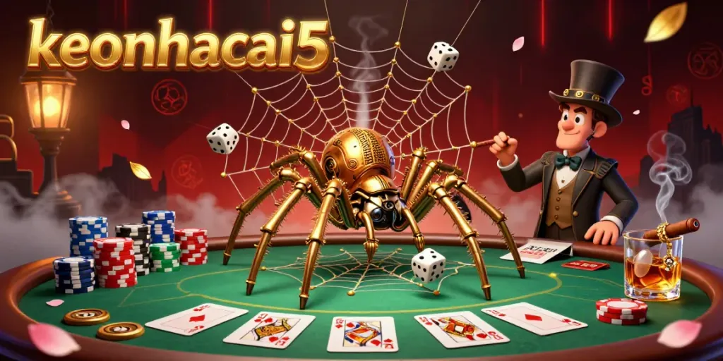 Engaging steampunk scene with keonhacai5 showcasing golden spider and poker elements.