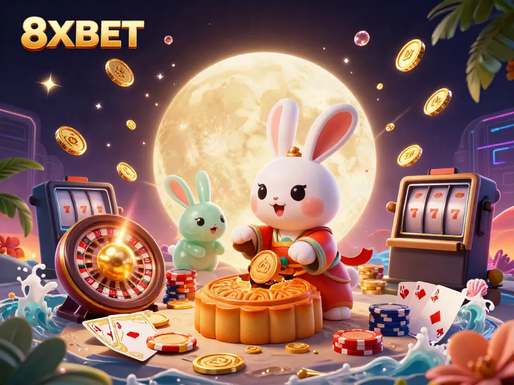 Experience 8XBET with a dynamic scene of a moon rabbit and jackpots in a vibrant casino atmosphere.