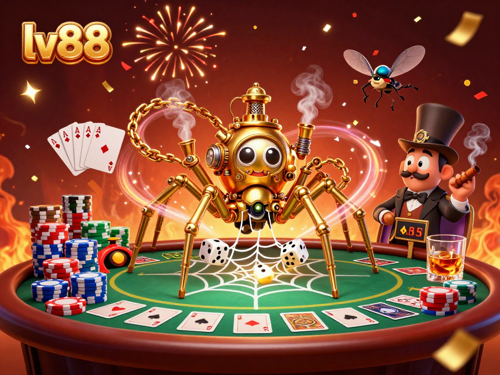 Catch the action at lv88 with a steampunk spider and cards in a festive 3D casino scene.