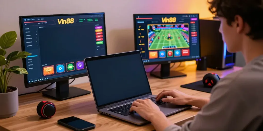 Engaging Vin88 online betting experience with a focused player at a stylish desk.