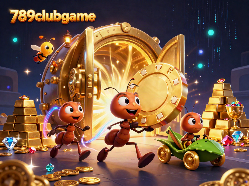 Engage with 789clubgame through a thrilling illustration of ants heisting a giant poker chip surrounded by treasure.