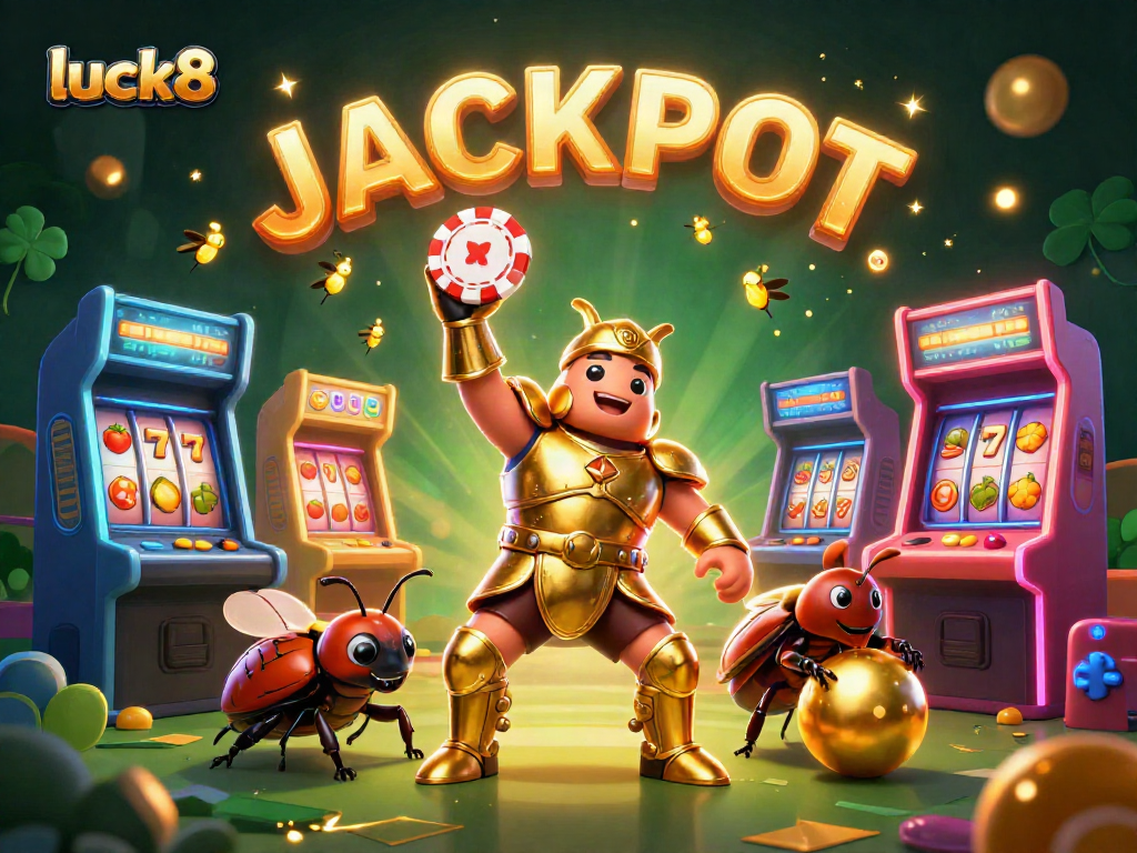 Experience luck8 excitement as a heroic beetle celebrates a casino victory amidst glowing game elements.