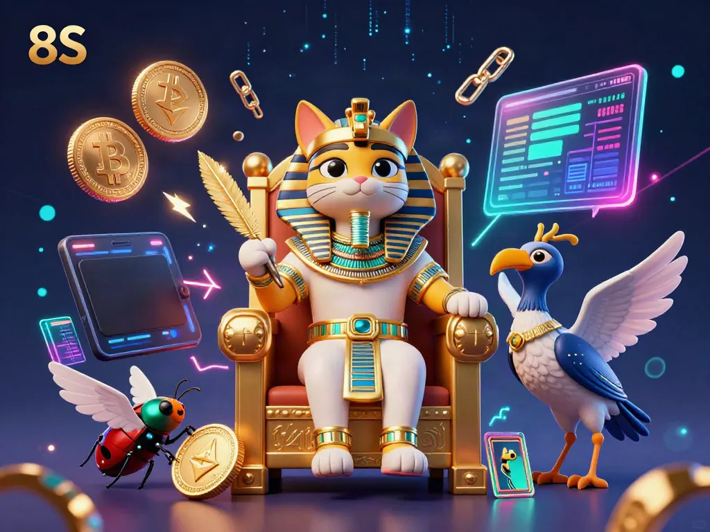 Experience the vibrant energy of 8S with a pharaoh cat, crypto coins, and casino elements.