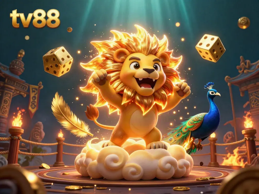 Experience excitement with tv88, featuring a roaring sun lion, golden dice, and vibrant casino elements.