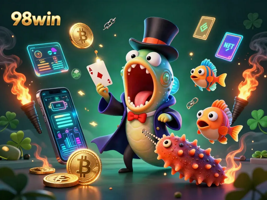 Experience thrilling card tricks with 98win’s vibrant 3D casino characters in an enchanting underwater scene.
