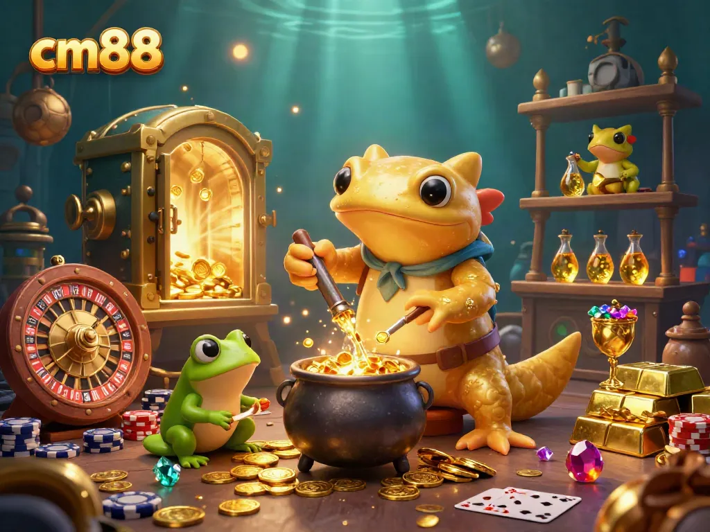 A captivating scene in cm88 with a golden salamander alchemist and frog apprentice, where gold coins are transmuted in a vibrant casino setting.