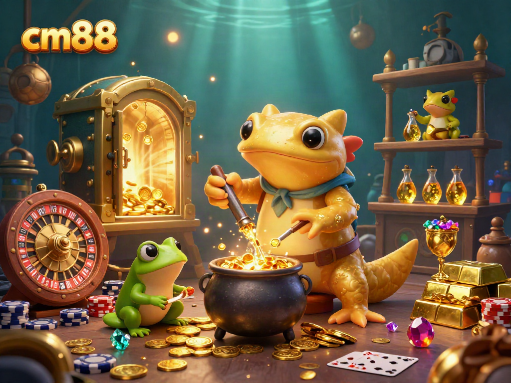 A captivating scene in cm88 with a golden salamander alchemist and frog apprentice, where gold coins are transmuted in a vibrant casino setting.