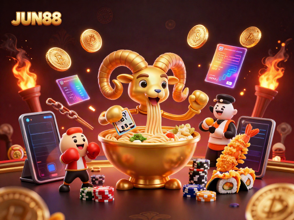 Engage in thrilling games at JUN88 with a vibrant 3D animated casino scene featuring unique characters.