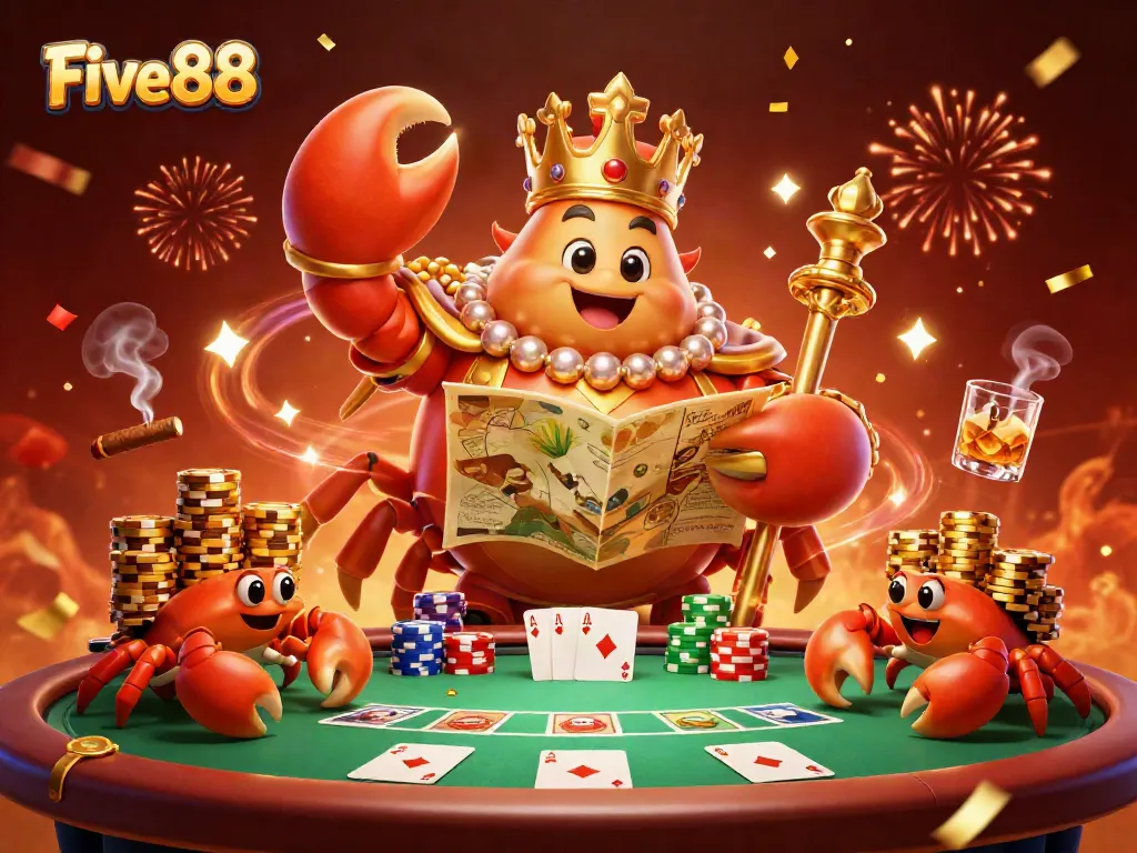 Engage with Five88’s exhilarating gaming experience through a golden crab emperor navigating a vibrant poker scene.