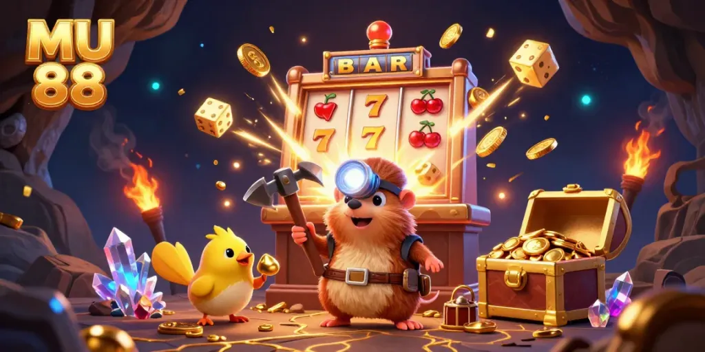 Engage with MU 88's exciting casino atmosphere through vibrant 3D illustration with treasure hunter, slot machine, and glowing gems.