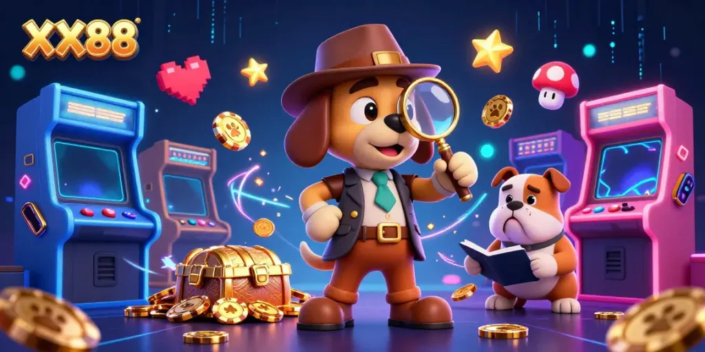XX88 slot game detective investigating colorful casino clues with vibrant graphics.